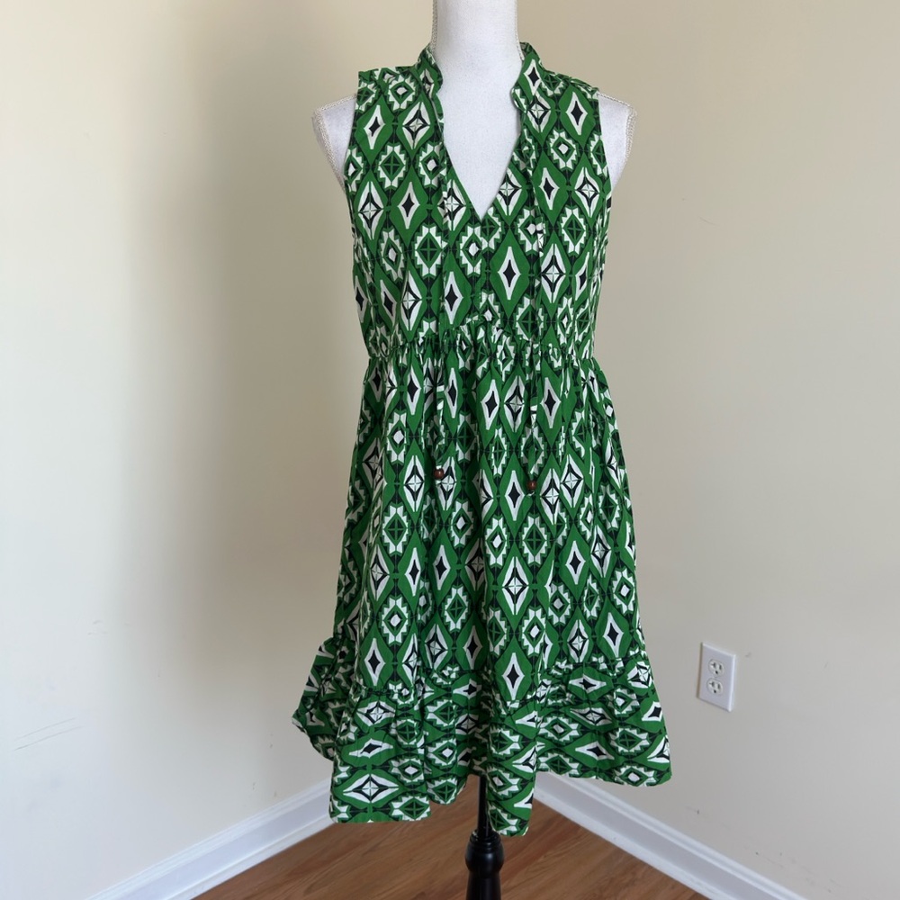 Japna Women Green Mini Retro Southwestern Cowgirl Flare Aztec Cotton dress Sz M